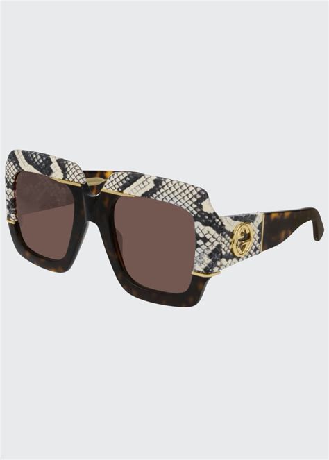 Gucci Chunky Square Snakeskin Printed Acetate Sunglasses